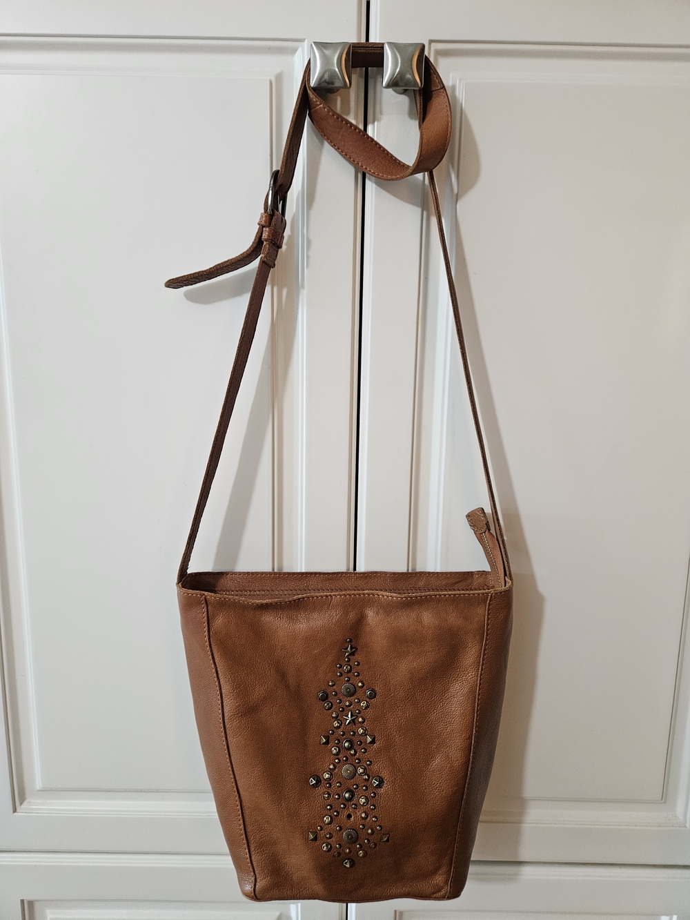 Anthropologie Vilenca Holland Cognac Brown Leather Studded Crossbody Bag Boho
